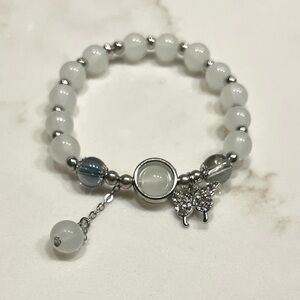 Elegant White Beaded Bracelet with Butterfly Charm Handmade